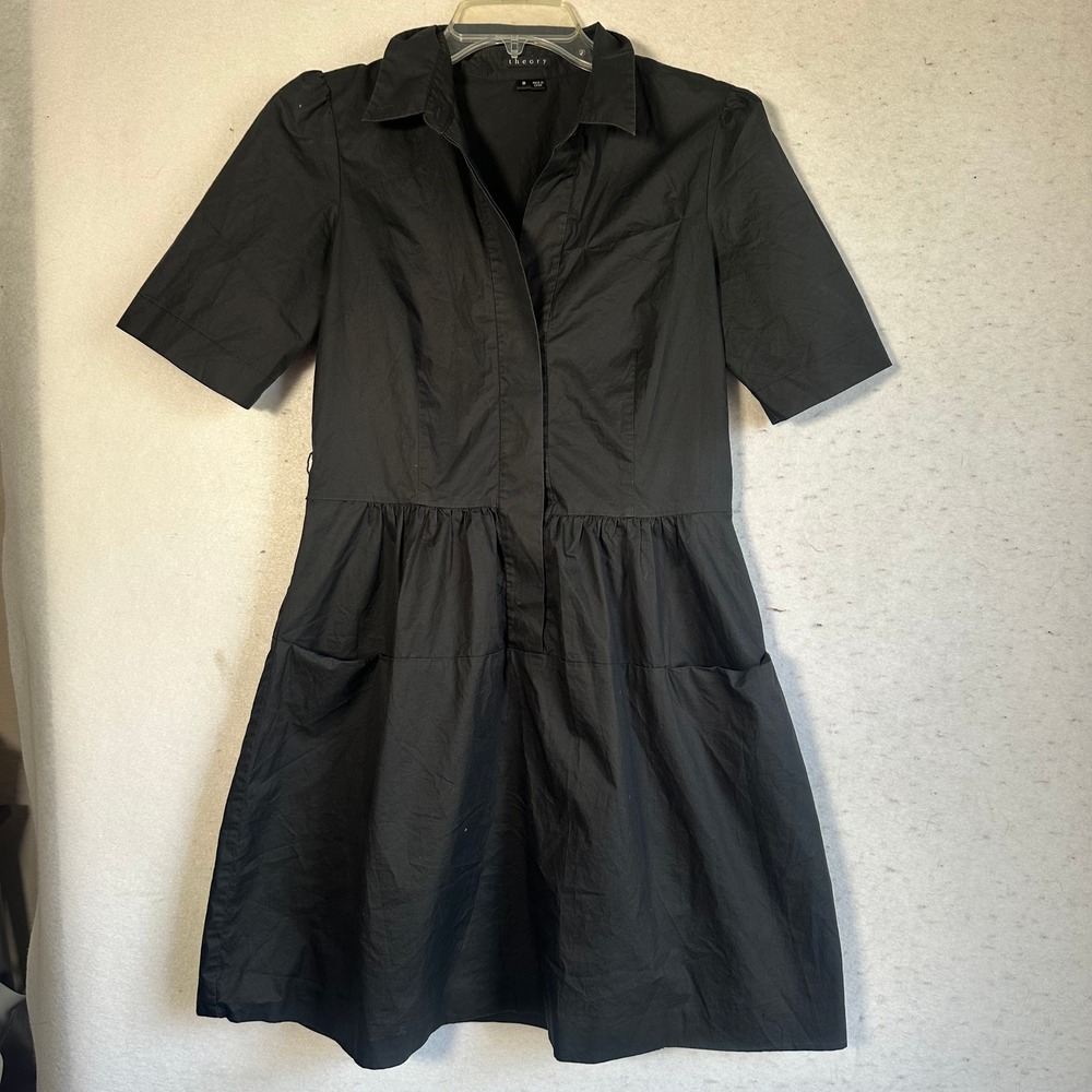 Theory Black Cotton Poplin Short Sleeve Shirt Dress Size 8 Pocketed A-Line